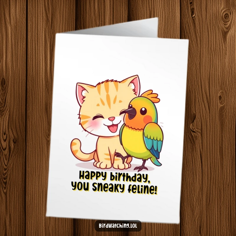Funny Free Printable Birthday Card: A happy cat stealthily stalking a colorful bird. Hilarious downloadable greeting.