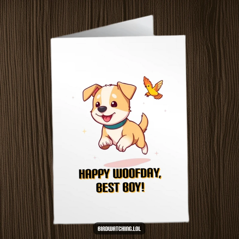 Funny Free Printable Birthday Card: Energetic dog playfully chases a colorful bird, full of birthday fun.