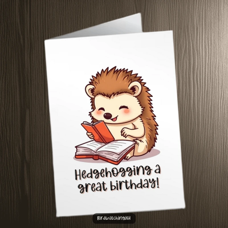 Funny Free Printable Birthday Card: Happy hedgehog diligently writing in a journal, documenting birthday wishes with a focused expression.