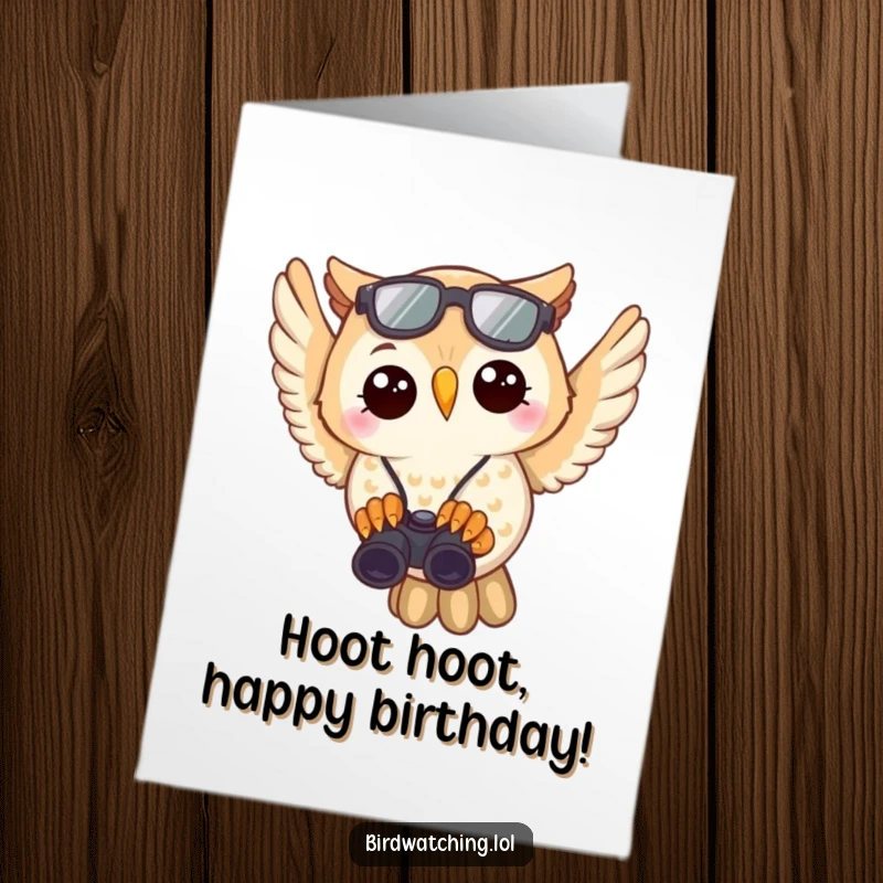 Funny Free Printable Birthday Card: Joyful owl flying with binoculars in its talons, spotting birthday fun, downloadable greeting.