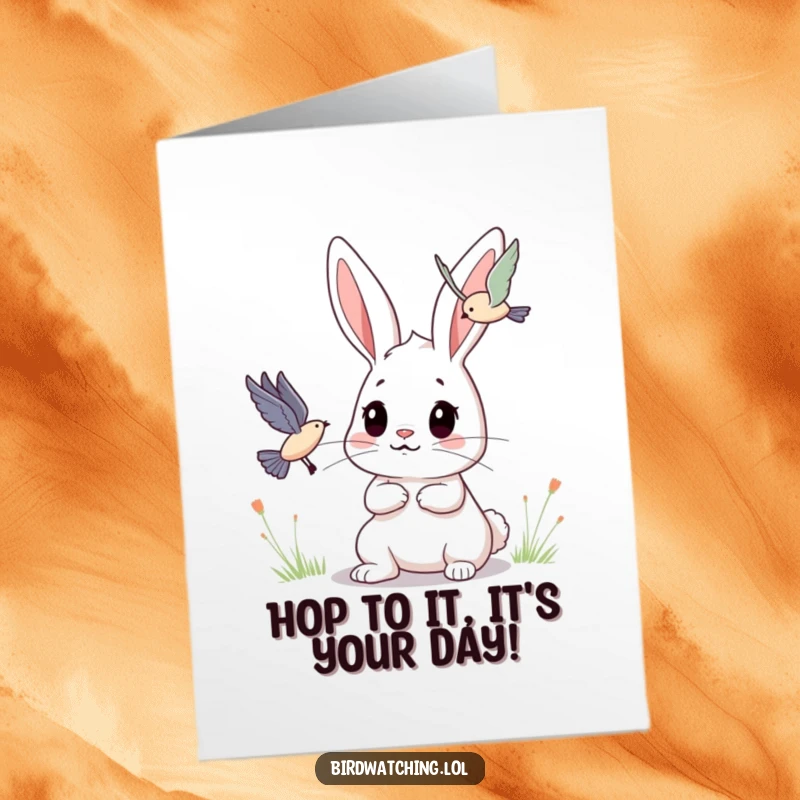 Funny Free Printable Birthday Card: A determined bunny intently observes a small flying creature in the distance.