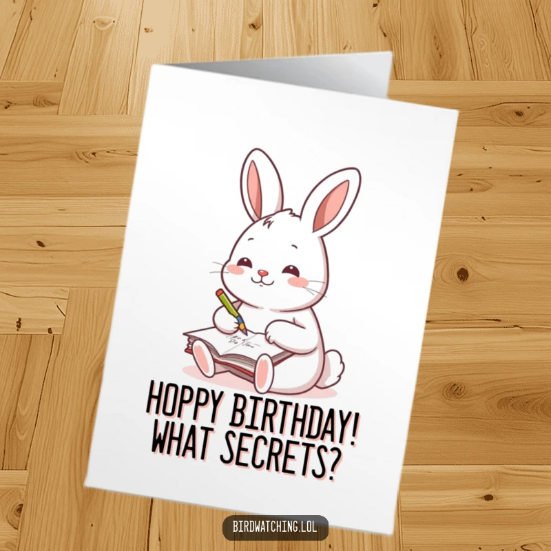 Funny Free Printable Birthday Card: A cheerful rabbit happily scribbling notes in a small journal, wishing a happy birthday.
