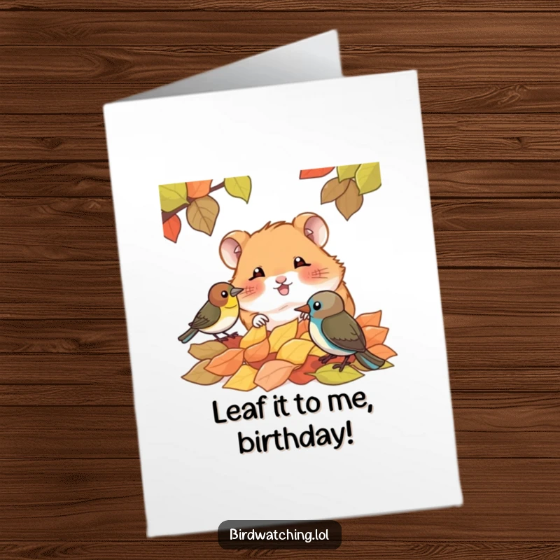 Funny Free Printable Birthday Card: Giggling hamster spying on a bird from behind autumn leaves, a humorous downloadable greeting.