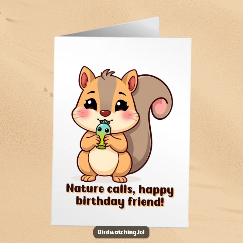 Funny Free Printable Birthday Card: Cheerful squirrel enthusiastically blows tiny bird whistle, spreading birthday cheer.