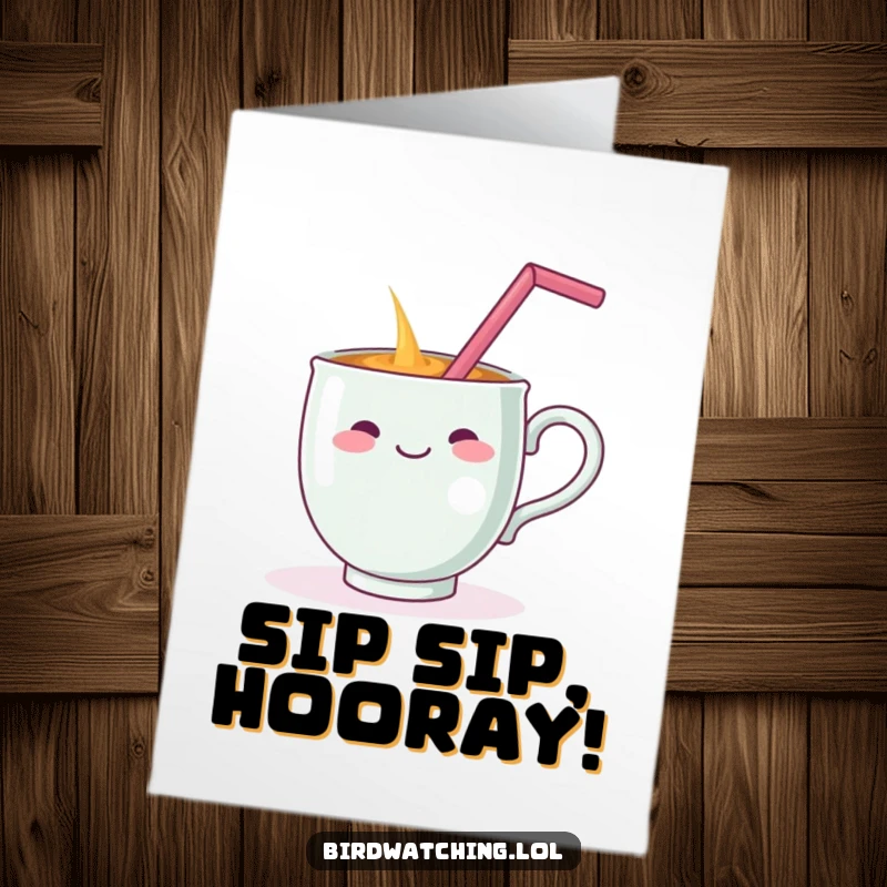 Funny Free Printable Birthday Card: Cheerful teacup with a straw on its handle spills dramatically, a messy birthday.
