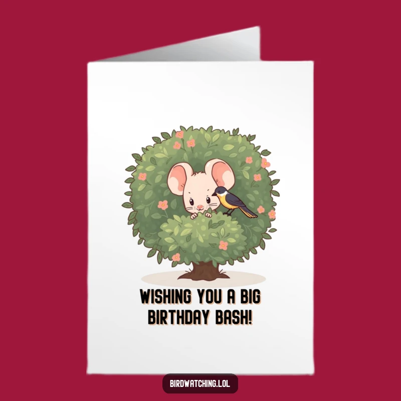 Free Printable Birthday Card: Shy Mouse Observing Bird - Downloadable Funny Card
