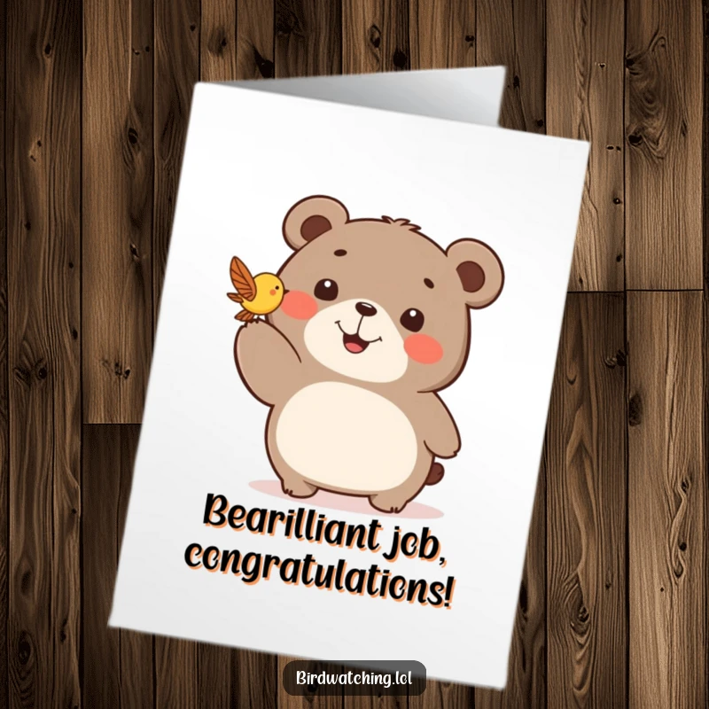 Funny Free Printable Congrats Card: Happy bear excitedly points at a fluttering bird, a humorous celebration of success.