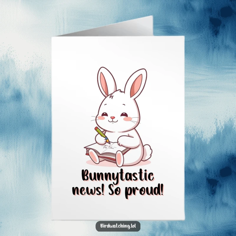 Funny Free Printable Congratulations Card: A cheerful rabbit diligently scribbling notes in a small journal, celebrating a win.