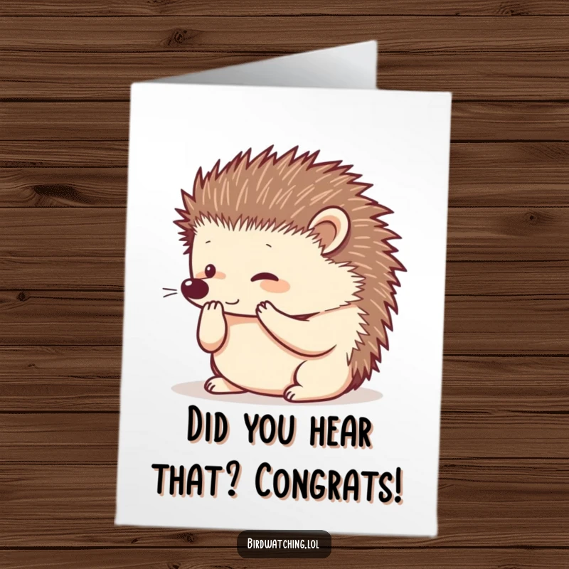 Funny Free Printable Hedgehog Congrats Card: A curious hedgehog cups paws to ear, listening intently to big news, perfect gift.