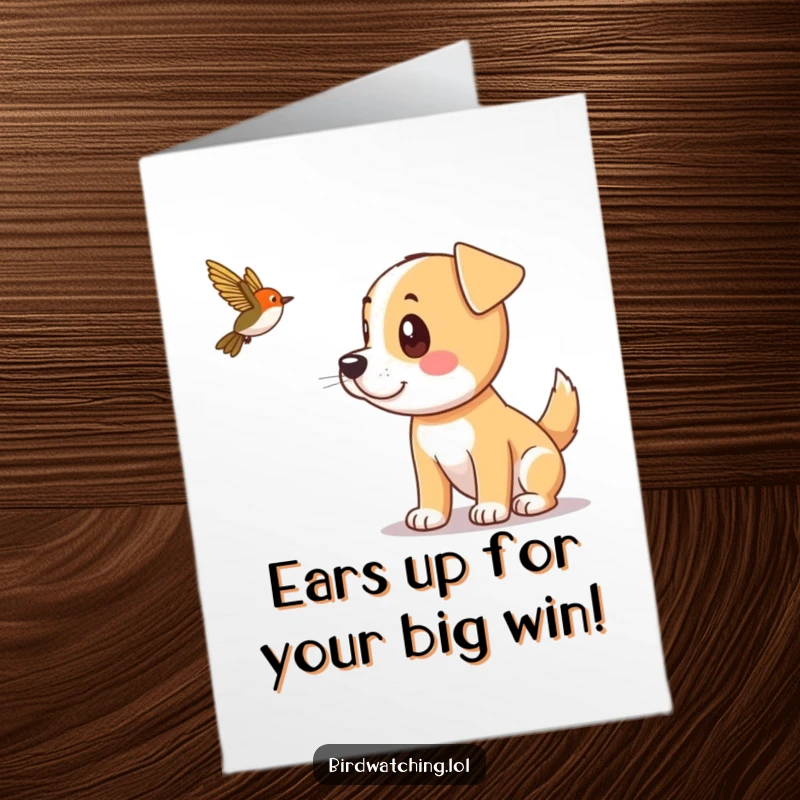 Funny Free Printable Congratulations Card: A playful dog intently focused on a distant bird. Humorous downloadable.