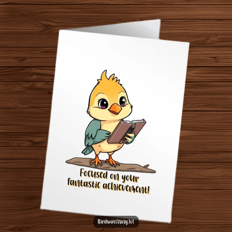Funny Free Printable Congratulations Card: A focused bird watcher with a sketchbook, celebrating. Humorous downloadable.