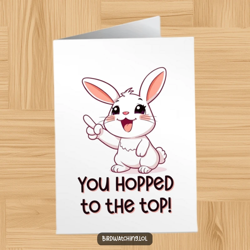 Funny Free Printable Congrats Card: A smiling rabbit enthusiastically pointing towards the sky in celebration.