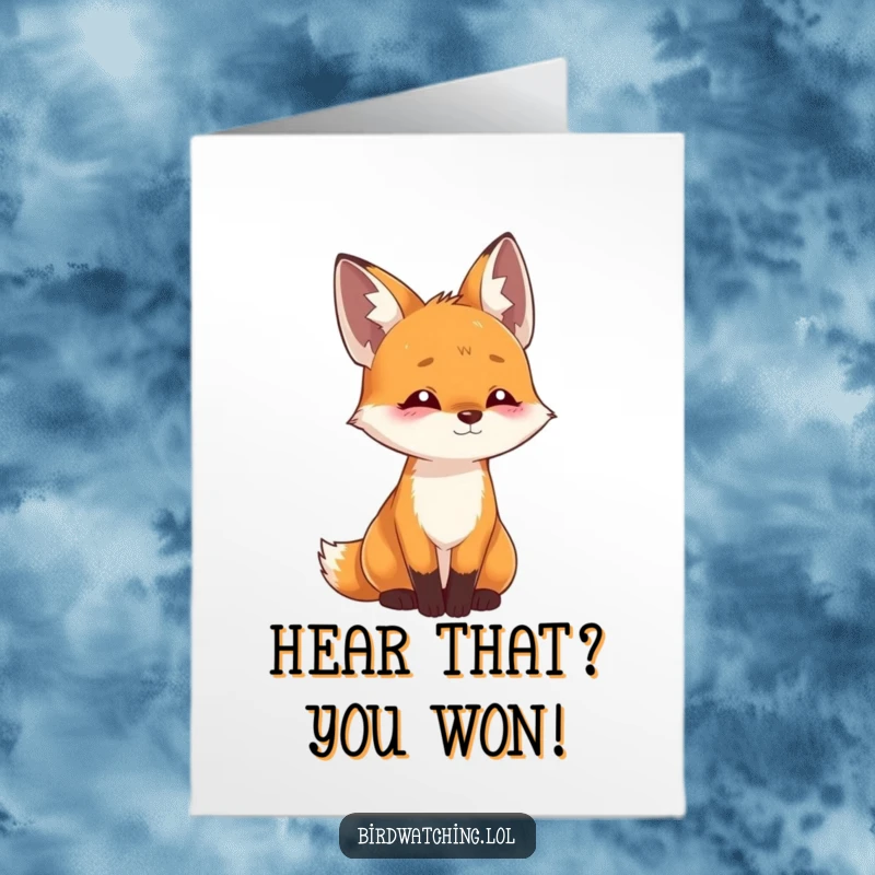 Funny Free Printable Congrats Card: Playful fox tilts head, listening intently to exciting news.
