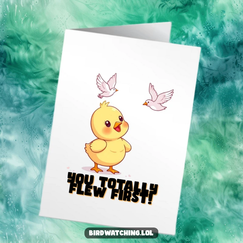 Funny Free Printable Congrats Card: A happy duck chick watches a bird fly, symbolizing new beginnings.