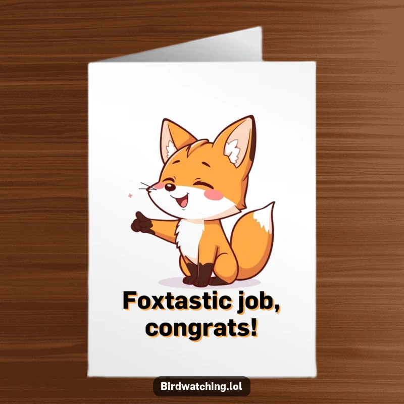 Funny Free Printable Congratulations Card: A smiling fox excitedly points into the distance, celebrating great news.