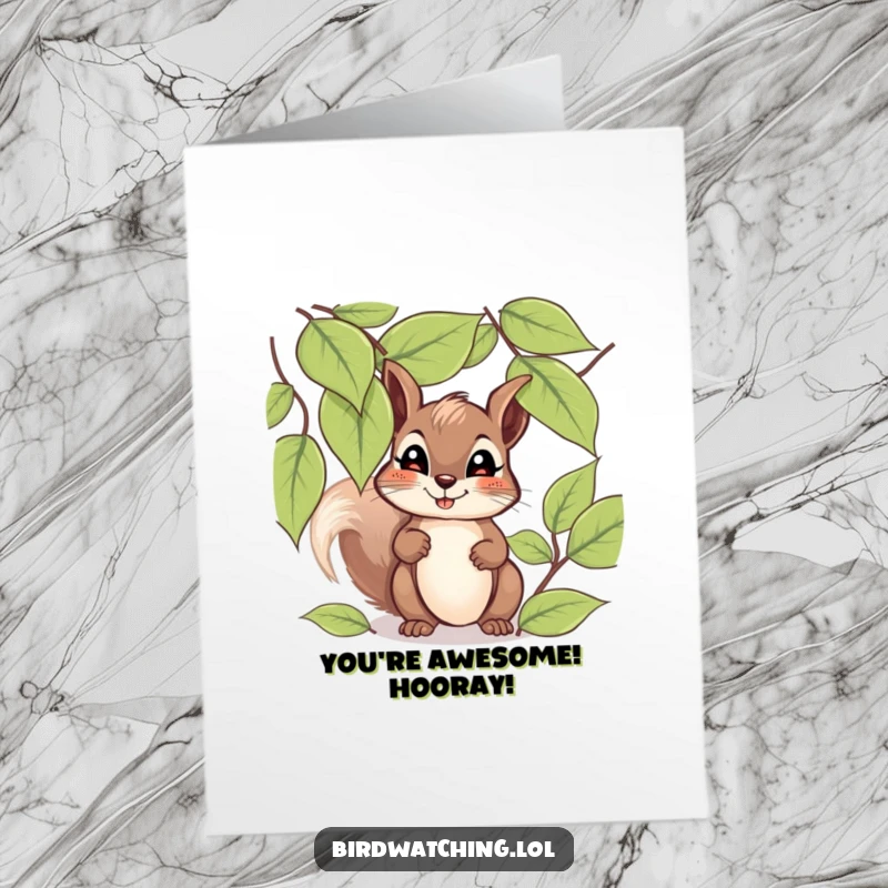 Funny Free Printable Congrats Card: Giggling squirrel peeks through leaves, expressing hopeful celebration.