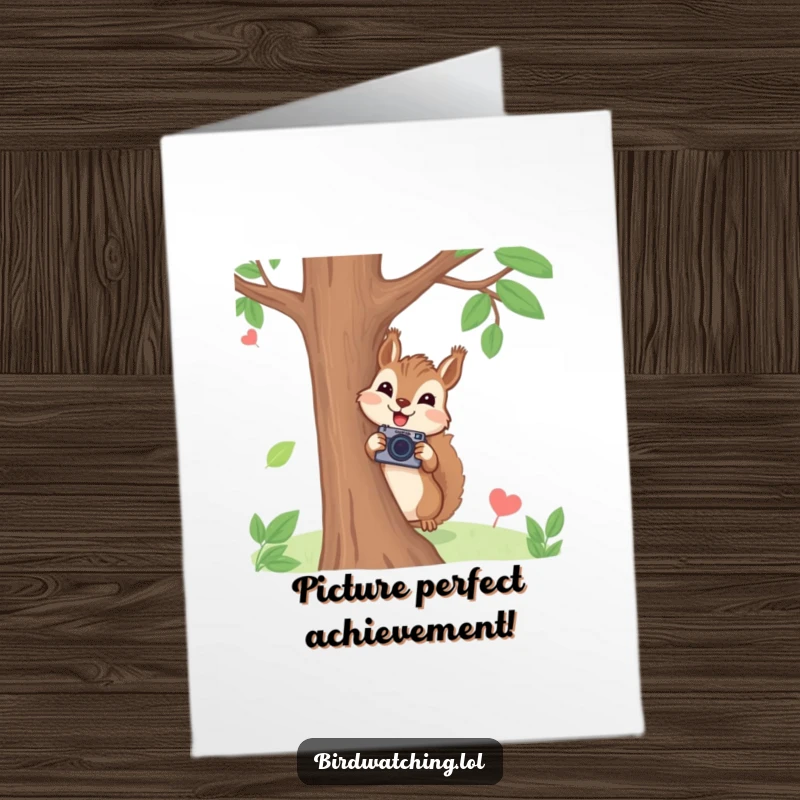 Funny Free Printable Congratulations Card: A joyful squirrel peeks from a tree, camera ready to document their win.