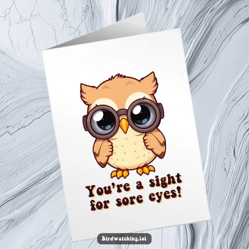 Funny Free Printable Congratulations Card: A happy owl uses binoculars, eyes wide with curiosity for their success.