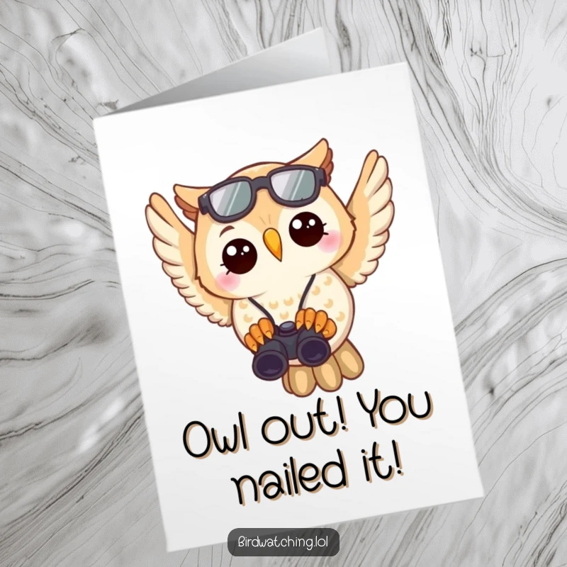 Funny Free Printable Congratulations Card: Joyful owl flying, binoculars in talons, spotting success, perfect for a humorous download.