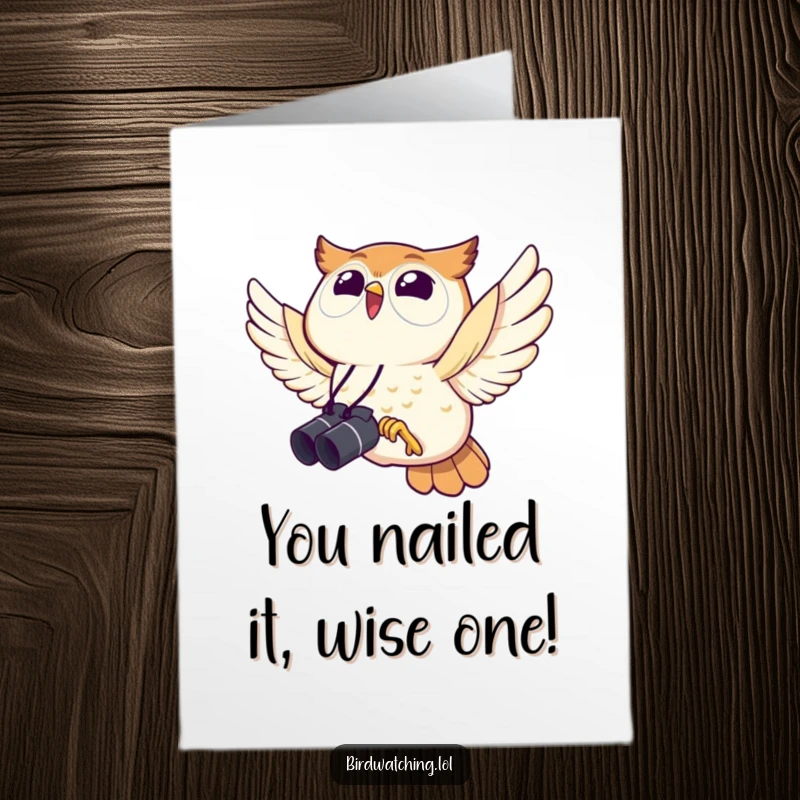 Funny Free Printable Congrats Card: Owl uses binoculars to spot achievements, celebrating wins with humor.