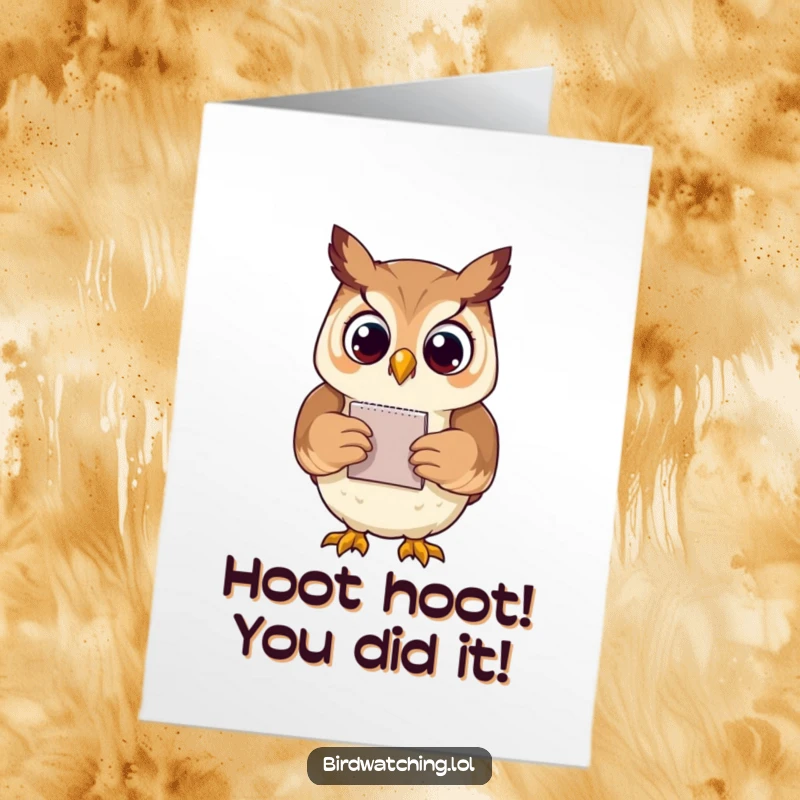 Funny Free Printable Congrats Card: A proud owl holding a notepad, looking exceptionally pleased with an achievement.