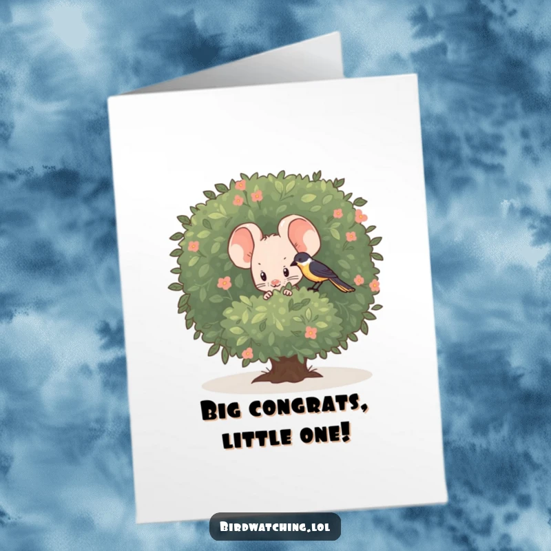 Funny Free Printable Congratulations Card: A shy mouse peeking from behind a bush, curiously observing a bird.