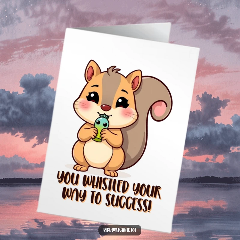 Funny Free Printable Congrats Card: Squirrel toots a tiny bird whistle, celebrating a momentous achievement with glee.
