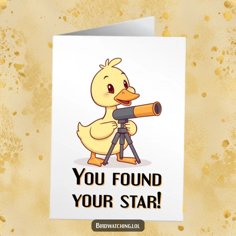 Funny Free Printable Duck Congrats Card: A wobbly duck balances telescope, celebrating achievement with a humorous, shaky focus, great gift.