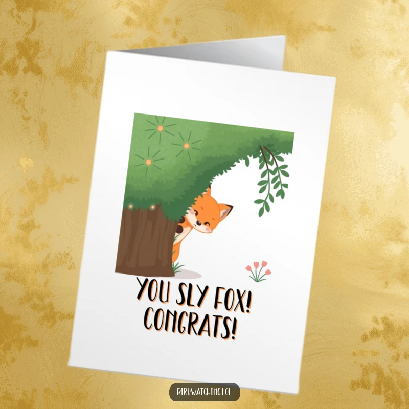 Funny Free Printable Congratulations Card: Curious fox peeking from a bush, a sly and witty congratulatory note.