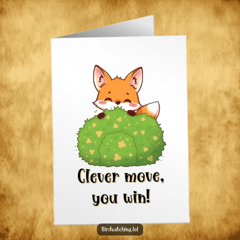 Funny Free Printable Congratulations Card: Joyful fox peeking from behind a bush, observing with an impressed look.