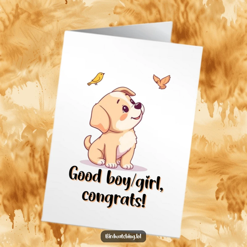 Funny Free Printable Congrats Card: A puppy tilts its head with curiosity towards a bird, adding a humorous touch to congratulations.
