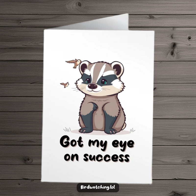 Funny Free Printable Congrats Card: A determined badger intently watching a distant flyer, symbolizing unwavering focus on success.