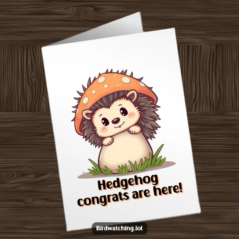 Funny Free Printable Congrats Card: A curious hedgehog peeking from behind a large mushroom, congratulating your success.