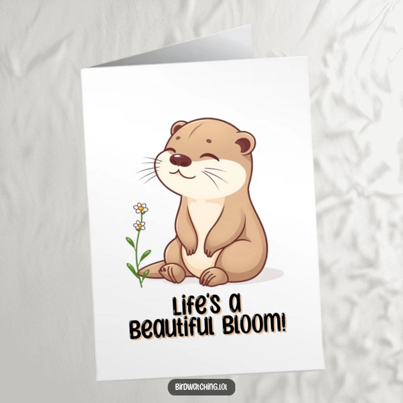 Funny Free Printable Otter Congrats Card: A content otter observes a flower, celebrating success with peaceful observation, great gift.