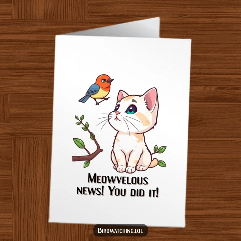 Funny Free Printable Congratulations Card: A curious cat gazes intently up at a bird on a branch, marking an achievement.