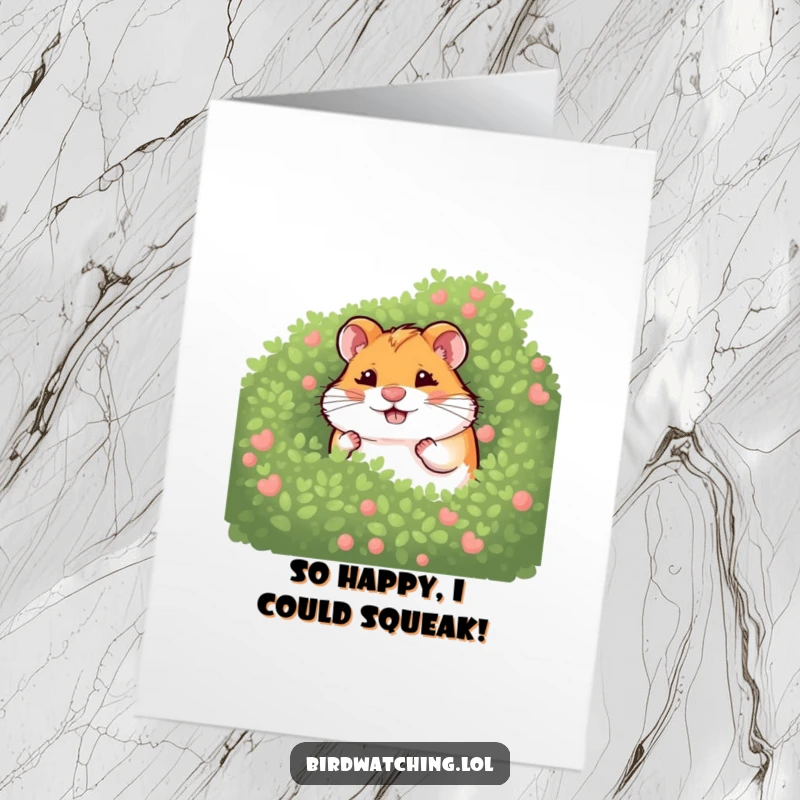 Funny Free Printable Congrats Card: A giggling hamster hiding behind a bush, sharing in the celebratory excitement.