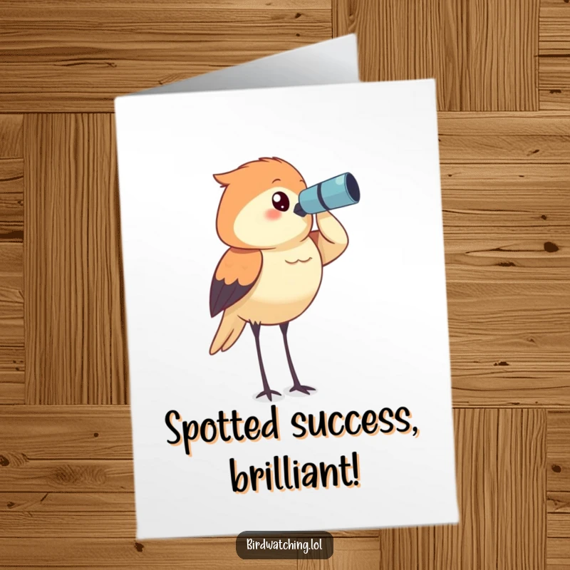 Funny Free Printable Congrats Card: Determined bird watcher intently spots success on the horizon.