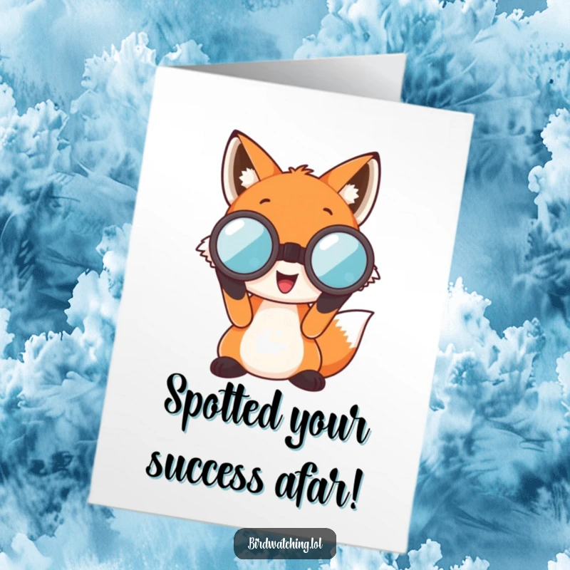 Free Printable Congratulations Card, a happy fox using large binoculars to spot and celebrate someone's success, conveying good wishes.
