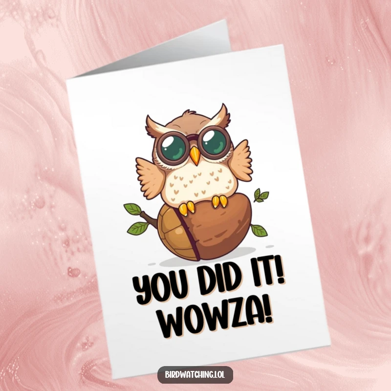 Funny Free Printable Congratulations Card: Owl with huge binoculars crashes into a big acorn, celebrating success humorously.