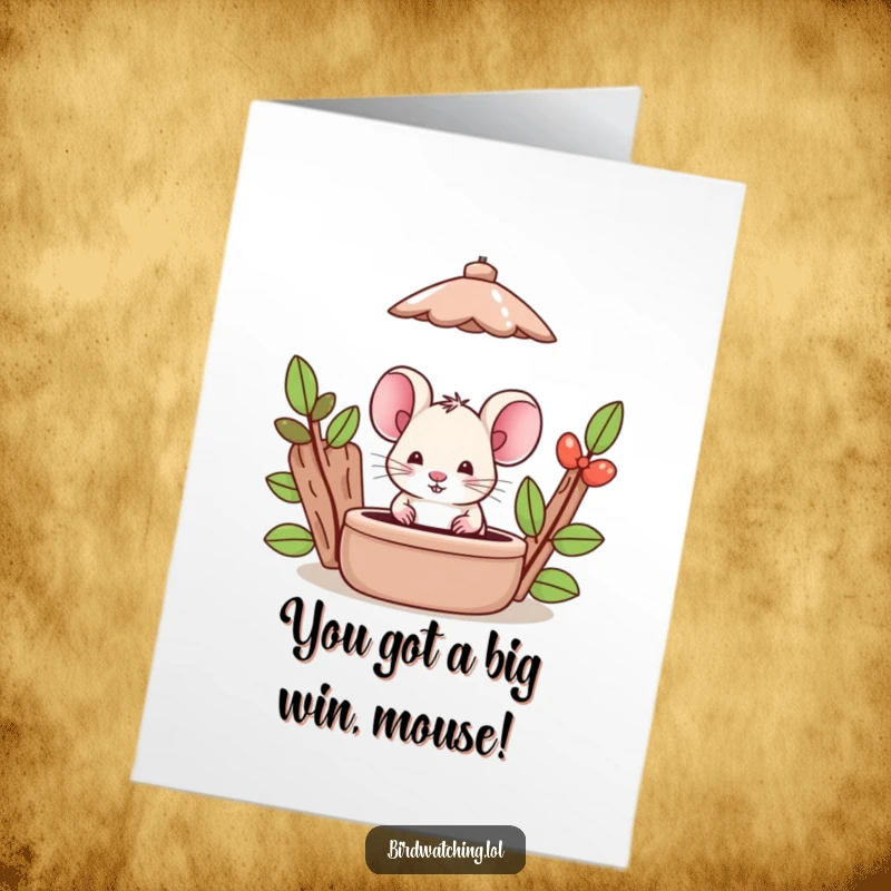 Funny Free Printable Congratulations Card: A silly mouse with a grin spies from behind a bird feeder, celebrating success.