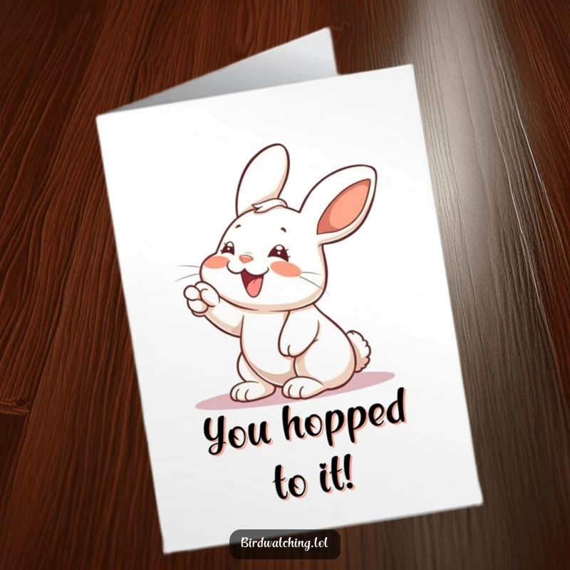Funny Free Printable Congrats Card: Giggling rabbit excitedly points towards a success, celebrating wins.