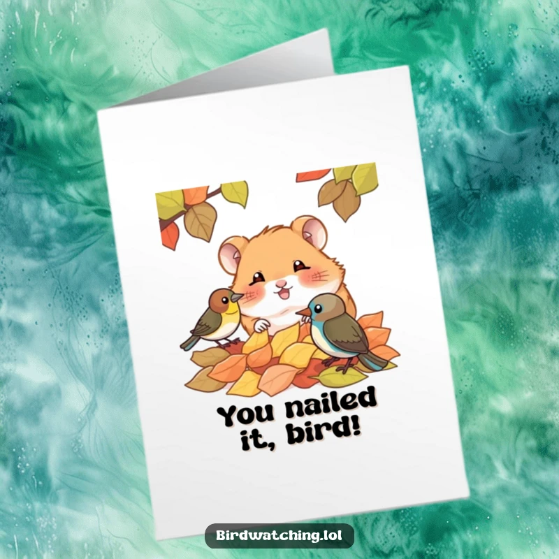 Funny Free Printable Congratulations Card: Giggling hamster peeking from leaves at a bird, a delightful downloadable celebration.