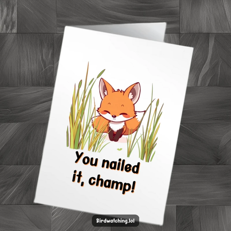 Funny Free Printable Congratulations Card with a focused fox moving stealthily through grass, celebrating achievements.