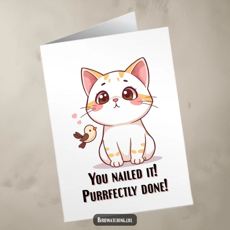 Funny Free Printable Congratulations Card: Surprised cat gazes at a bird, an unexpected and humorous congratulatory message.