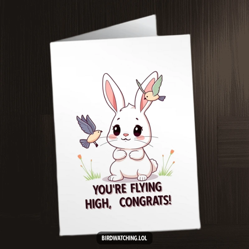 Funny Free Printable Congratulations Card: A determined bunny gazes intently at a flying creature, symbolizing focused success.