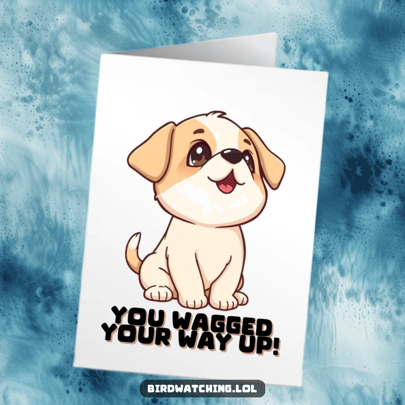 Funny Free Printable Congratulations Card: A playful puppy wags its tail, looking up with excitement for their achievement.