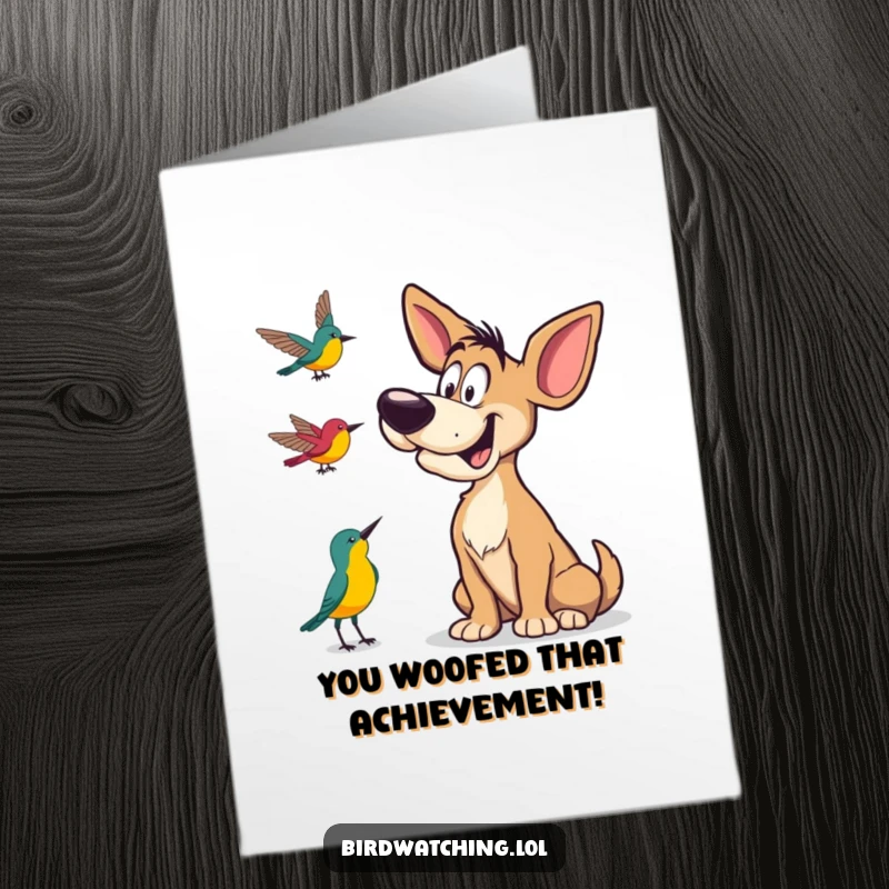 Funny Free Printable Congrats Card: A goofy dog tilting its head curiously, listening to bird calls to celebrate your news.