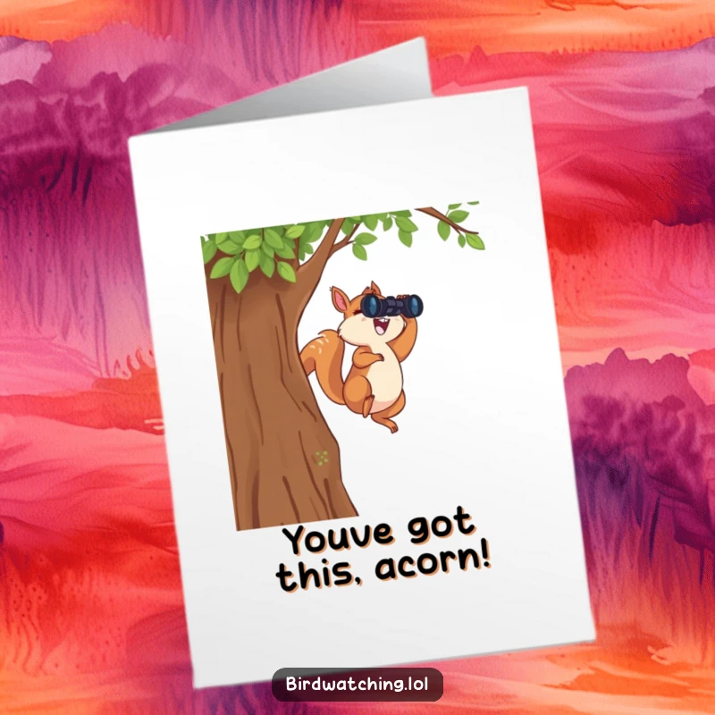 Funny Free Printable Congratulations Card: An excited squirrel leaps joyfully from a tree, binoculars ready to spot success.