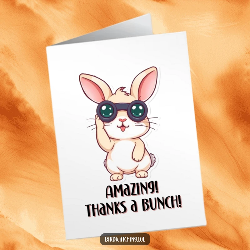 Funny Free Printable Thank You Card: Rabbit with binoculars looks surprised, touched by your kindness.