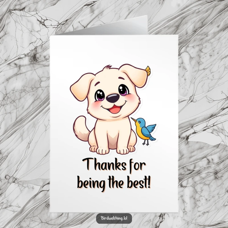 Funny free printable thank you card featuring a happy dog with wide eyes and a wagging tail, sending thanks.